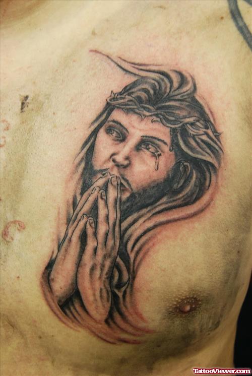 Jesus Praying Hands Tattoo On Man Chest