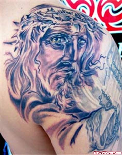 Jesus Head Tattoo On Man Right Shoulder
