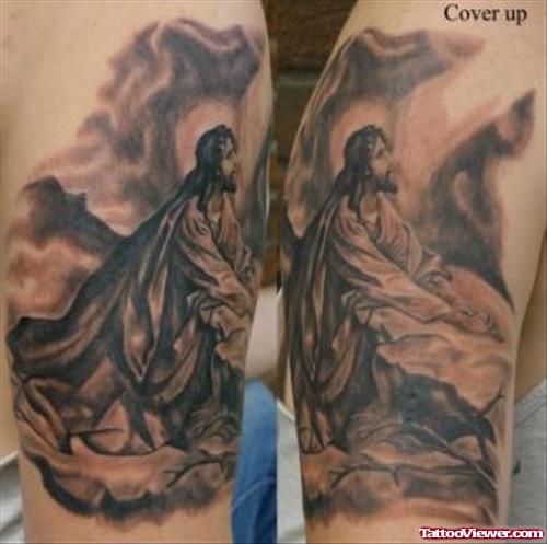 Jesus Christ Tattoo On Right Half Sleeve