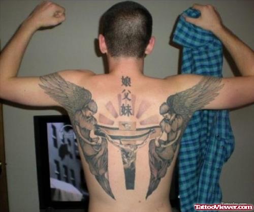 Grey Ink Winged Cross And Jesus Tattoo On Back