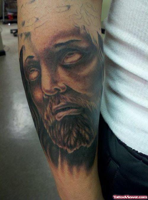 Grey Ink Jesus Tattoo On Right Arm
