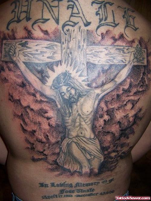Classic Jesus Tattoo On Man Back Body