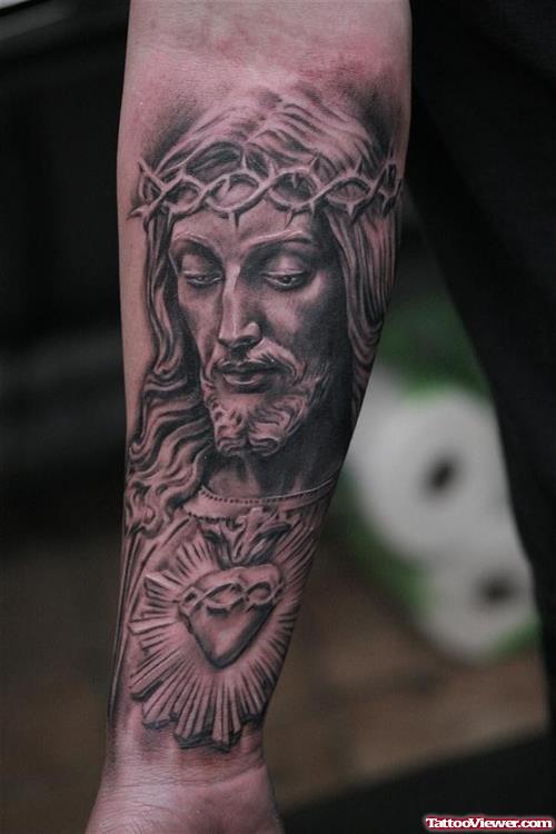 Attractive Grey Ink Jesus Tattoo On Right Forearm