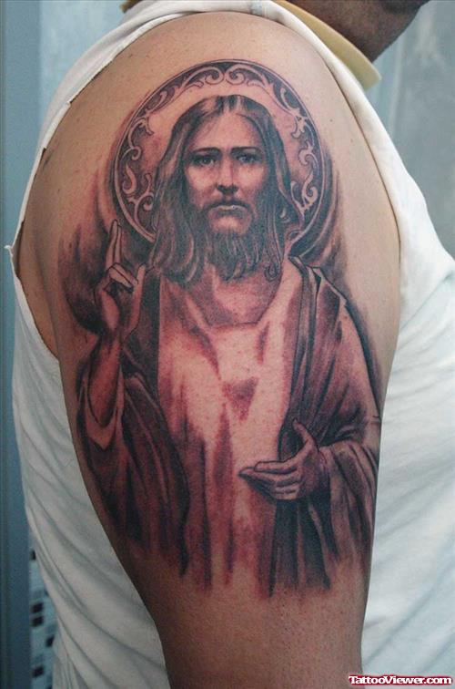 Jesus Tattoo On Man Right Half Sleeve
