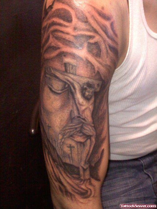 Jesus Tattoo On Man Right Full Sleeve