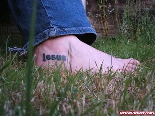 Jesus Name Tattoo On Right Foot
