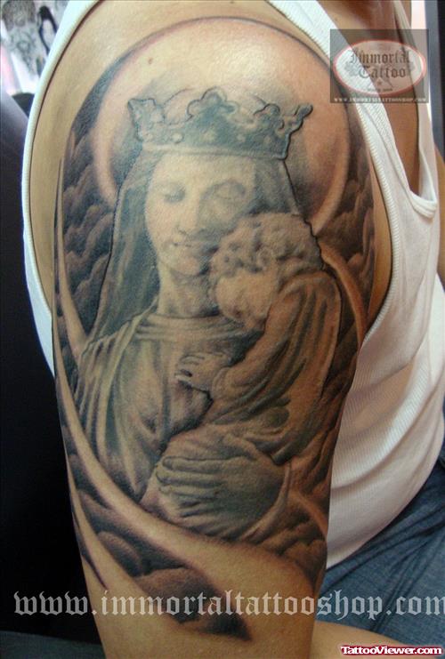 Grey Ink Right Half Sleeve Jesus Tattoo