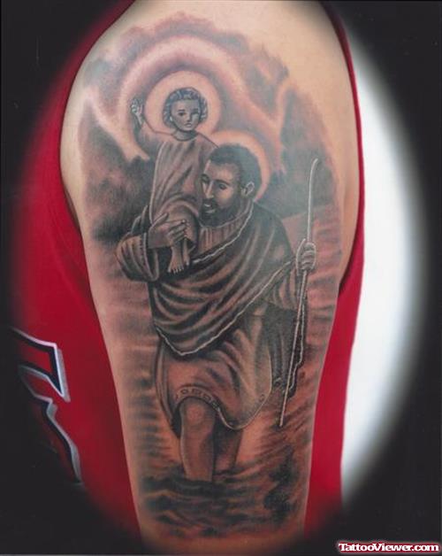 Grey Ink Jesus Tattoo On Man Left Sleeve