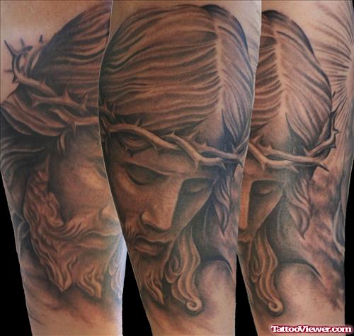 Grey Ink Jesus Sad Face Tattoo