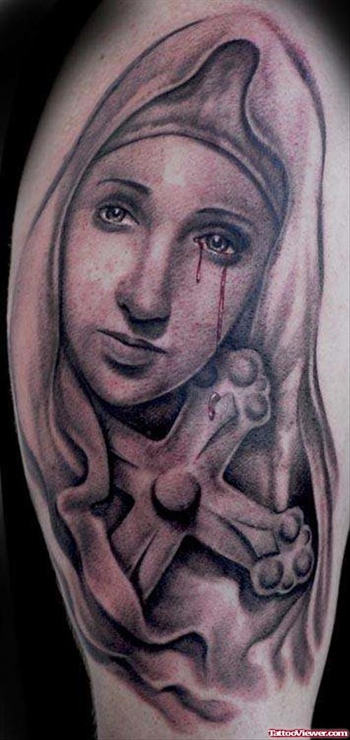 Grey Ink Jesus Mary Tattoo On Half Sleeve