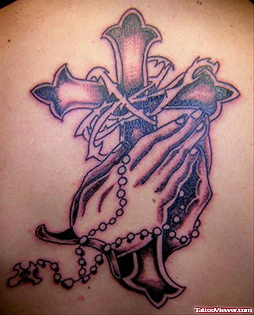 Cross And Praying Hands With Rosary Jesus Tattoo On Back