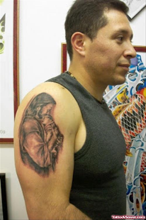 Attractive Jesus Tattoo On Man Right Shoulder