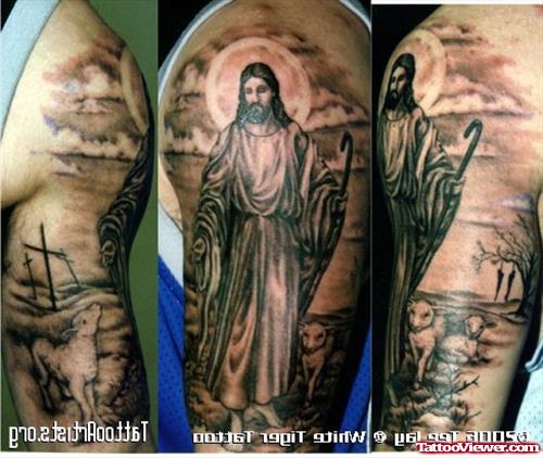 Amazing Jesus Tattoo On Man Sleeve