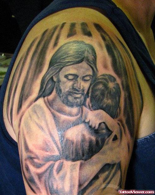 Amazing Grey Ink Jesus Tattoo On Man Right Half Sleeve