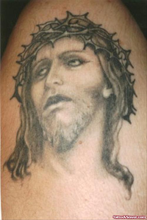 Superior Grey Ink Jesus Head Tattoo