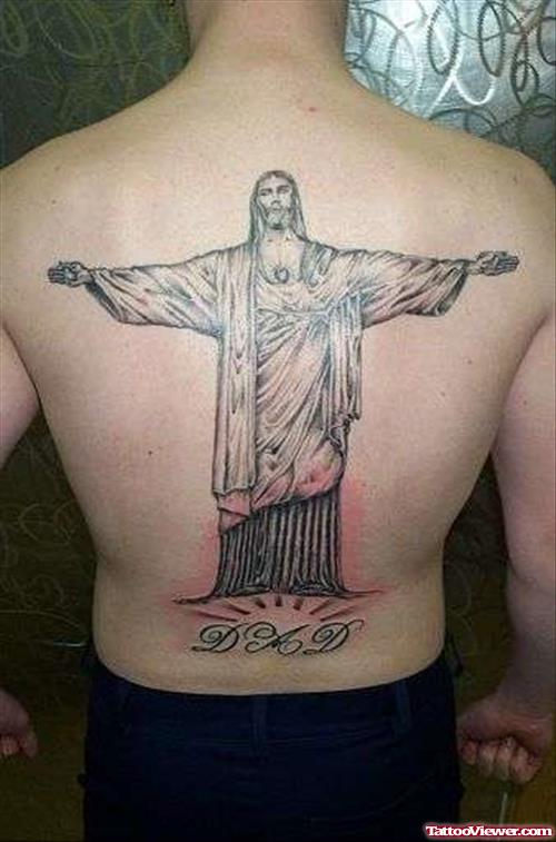 Open Arms Jesus Tattoo On Man Back