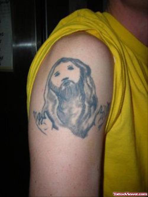 Grey Ink Jesus Tattoo Right Shoulder