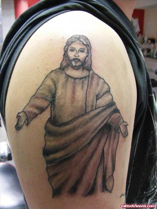 Grey Ink Jesus Tattoo On Man Right Shoulder