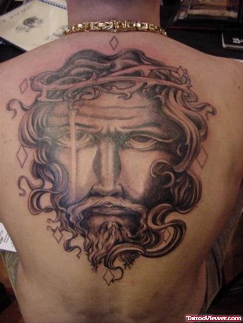 Grey Ink Jesus Tattoo On Man Back