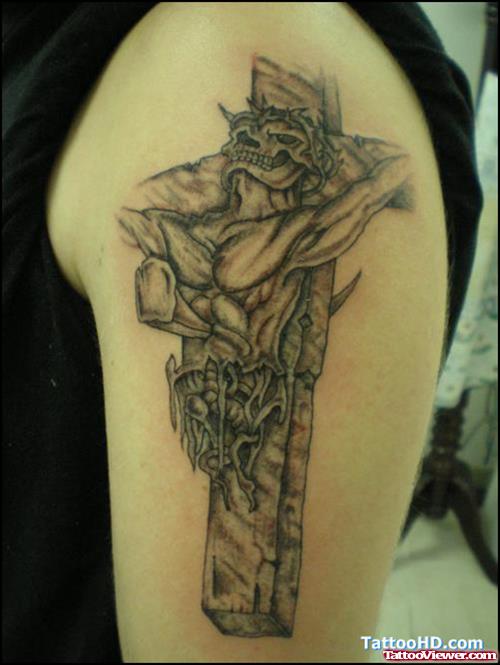 Grey Ink Vross And Jesus Thorn Tattoo On Half Sleeve