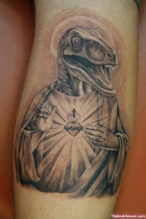 Grey Ink Dinosour Head Jesus Tattoo