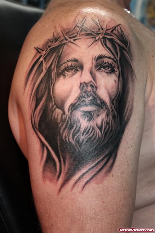 Awful Grey Ink Jesus Tattoo On Right Shoulder