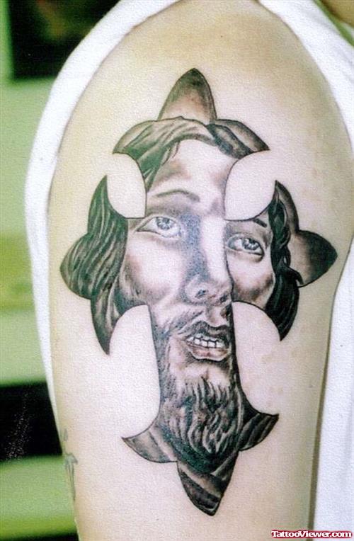 Cross And Jesus Face Tattoo On Right Shoulder