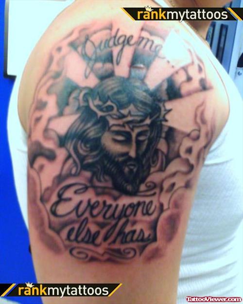 Cool Grey Ink Jesus Tattoo On Right Shoulder