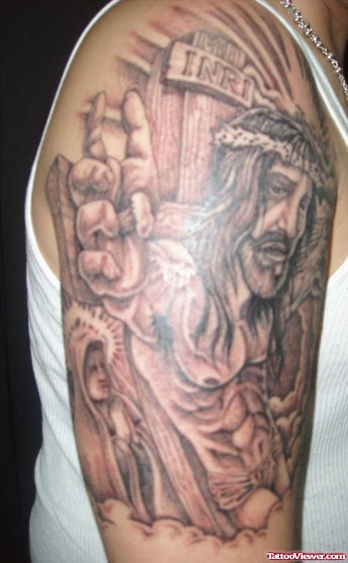 Amazing Grey Ink Cross And Jesus Christ Head Tattoo On Half Sleeve