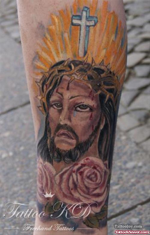 Rose Flowers And Jesus Head Tattoo