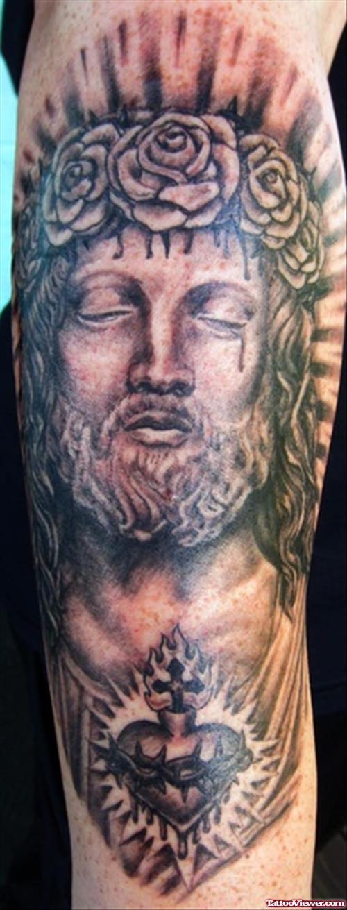 Grey Ink Sacred Heart Jesus Head Tattoo