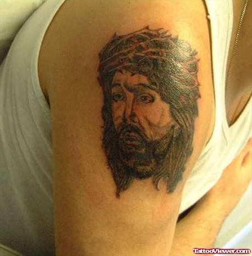 Jesus Head Tattoo On Shoulder