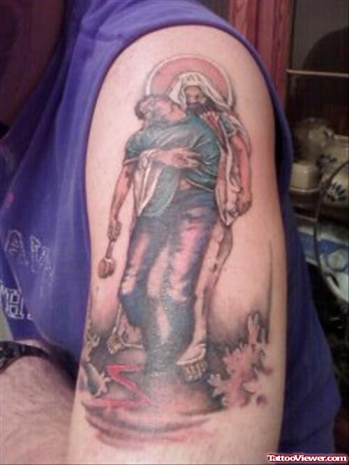 Jesus Christ Tattoo On Left Half Sleeve