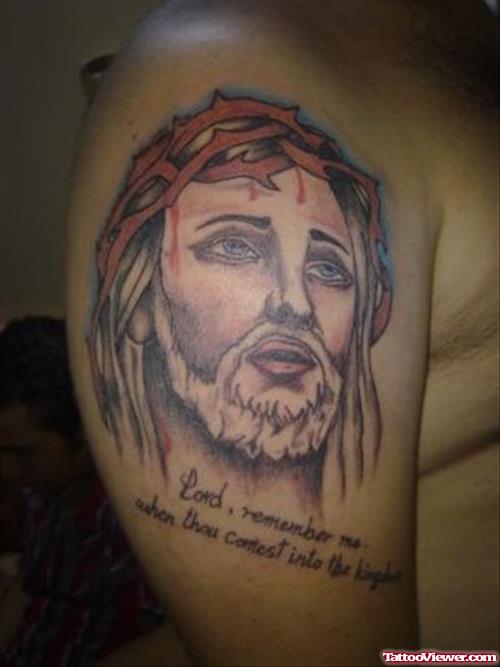 Grey Ink Jesus Head Tattoo On Right Shoulder