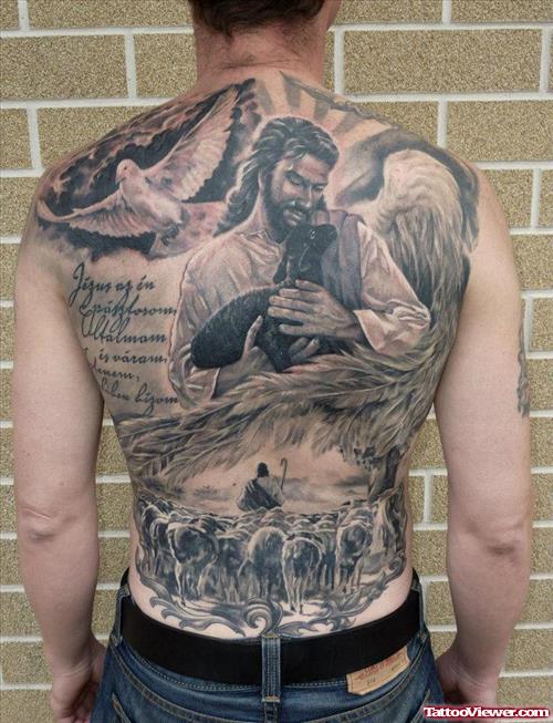 Flying Dove And Jesus Tattoo On Man Back