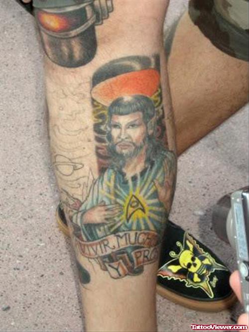 Colored Jesus Tattoo On Right Leg