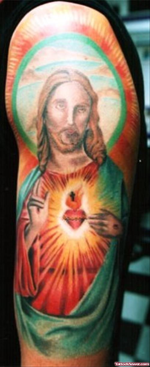 Colored Jesus Tattoo On Half Sleeve