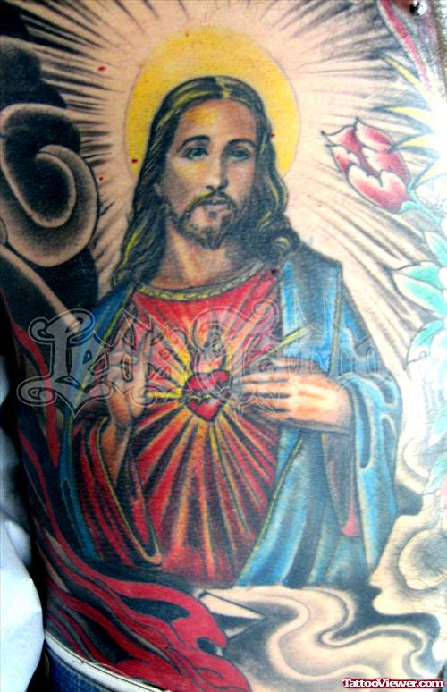 Colored Jesus Christ Tattoo On Man Side Rib