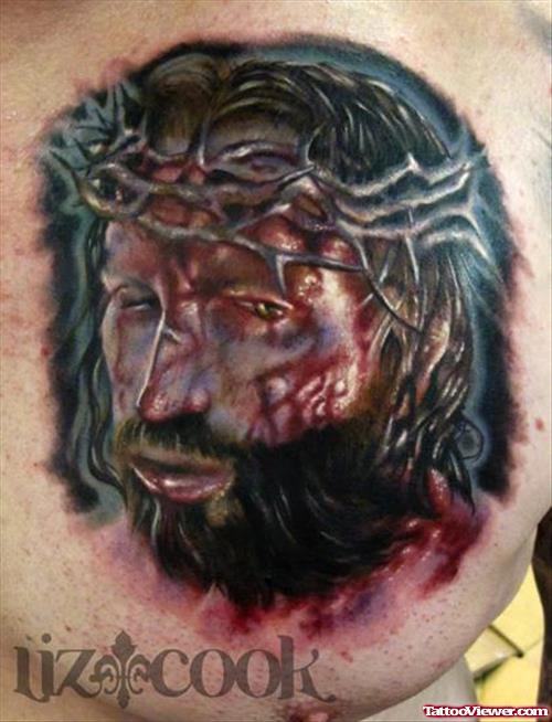 Bleeding Jesus Head Tattoo On Chest For Men