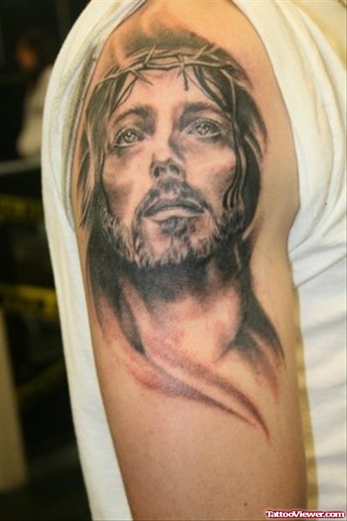 Amazing Jesus Tattoo On Man Right Half Sleeve
