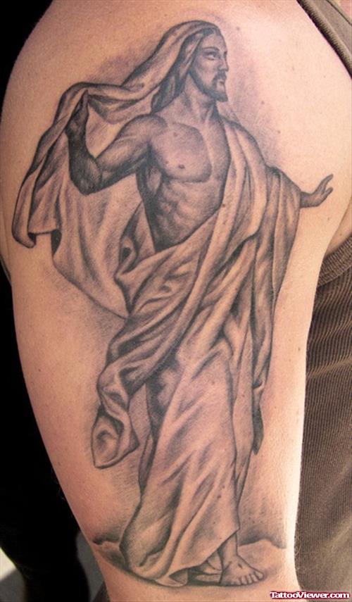 Amazing Grey Ink Jesus Tattoo On Right Half Sleeve