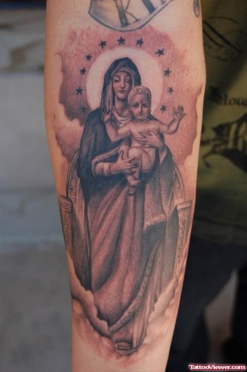 Virgin Mary With Baby Jesus In Hands Tattoo On Arm
