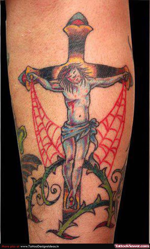Red Spider Web And Jesus On Cross Tattoo