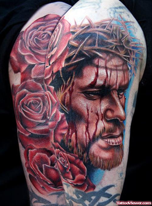 Red Rose Flowers And Jesus Christ Head Tattoo