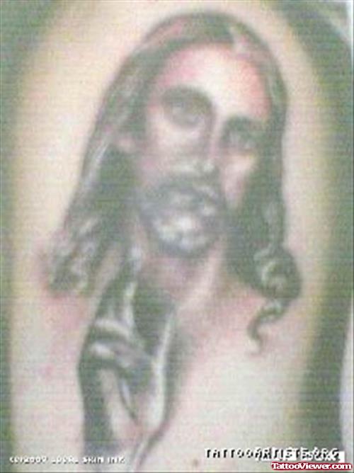 Man Left Shoulder Jesus Head Tattoo