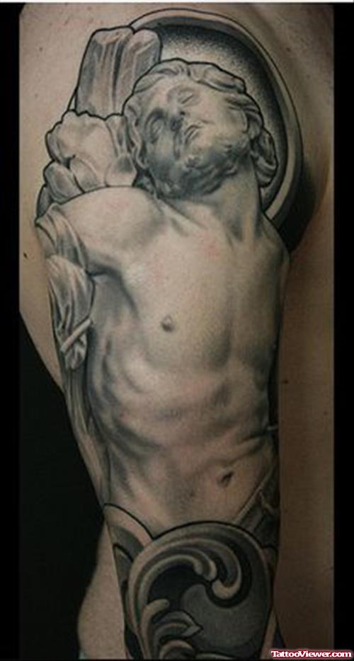 Jesus Tattoo On Man Left Sleeve