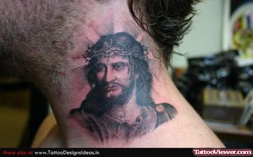 Jesus Tattoo On Left Side Neck