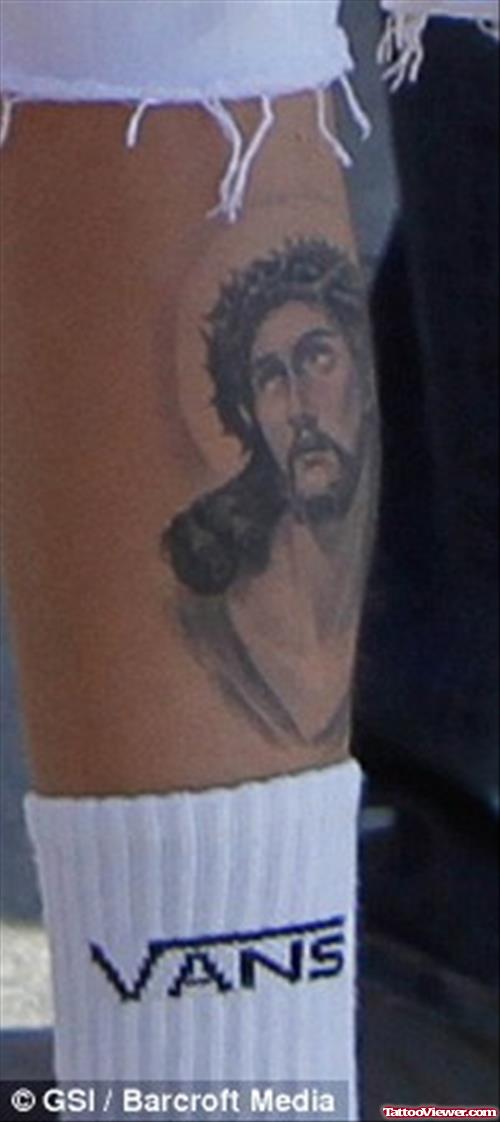 Grey Ink Jesus Christ Tattoo On Leg