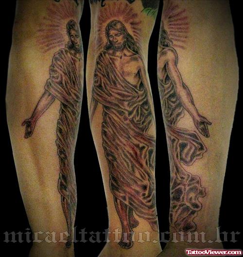 Grey ink Jesus Tattoo On Leg