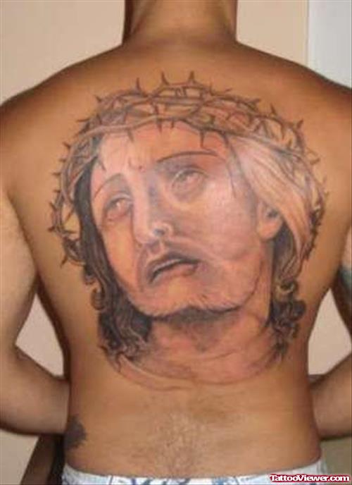 Grey Ink Jesus Christ Tattoo On Back Body